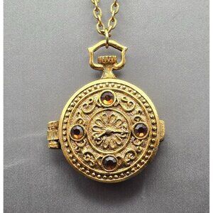 VTG Mary Chess Perfume Locket Necklace 23" Gold Tone Ornate Rhinestones 1960s